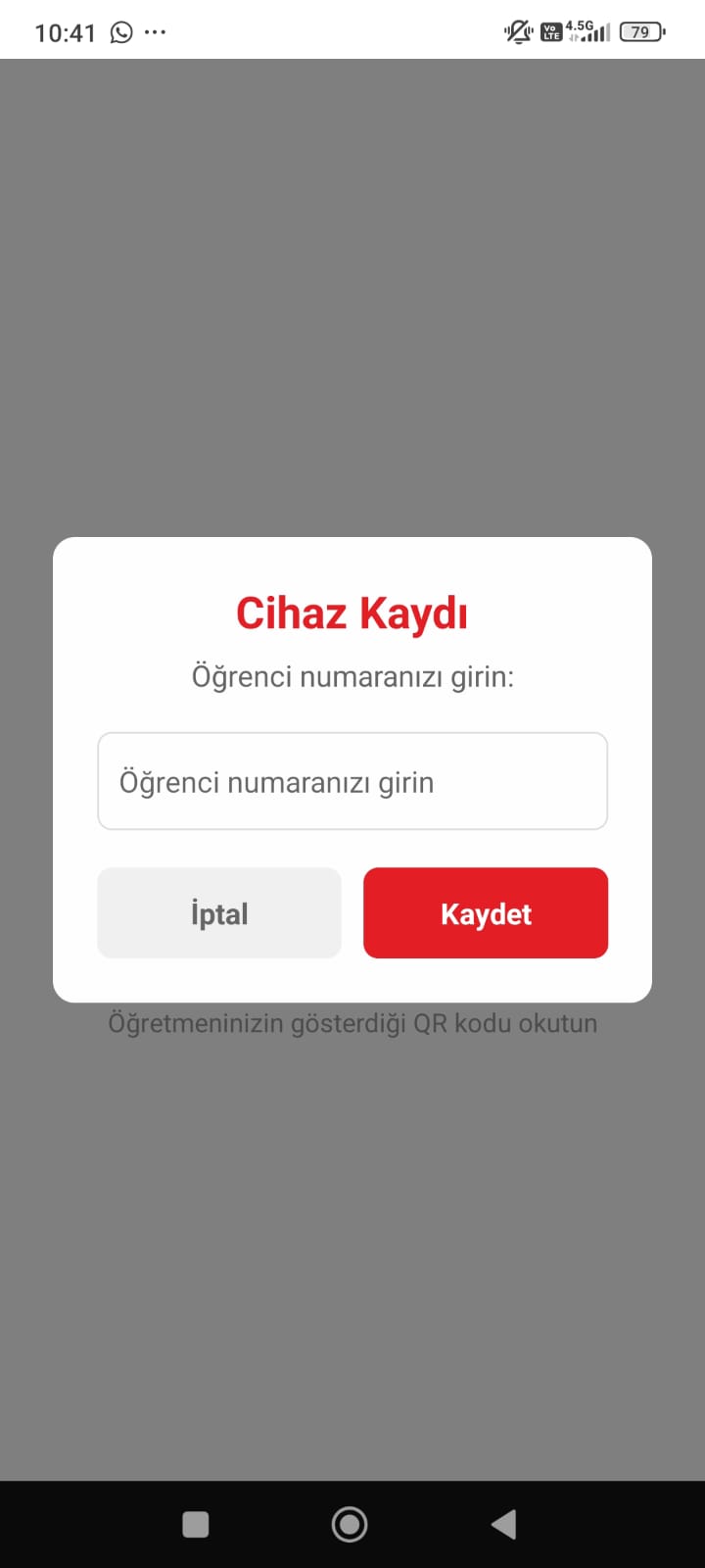 QROKS Öğrenci uygulamasında boş okul numarasıyla cihaz kayıt ekranı