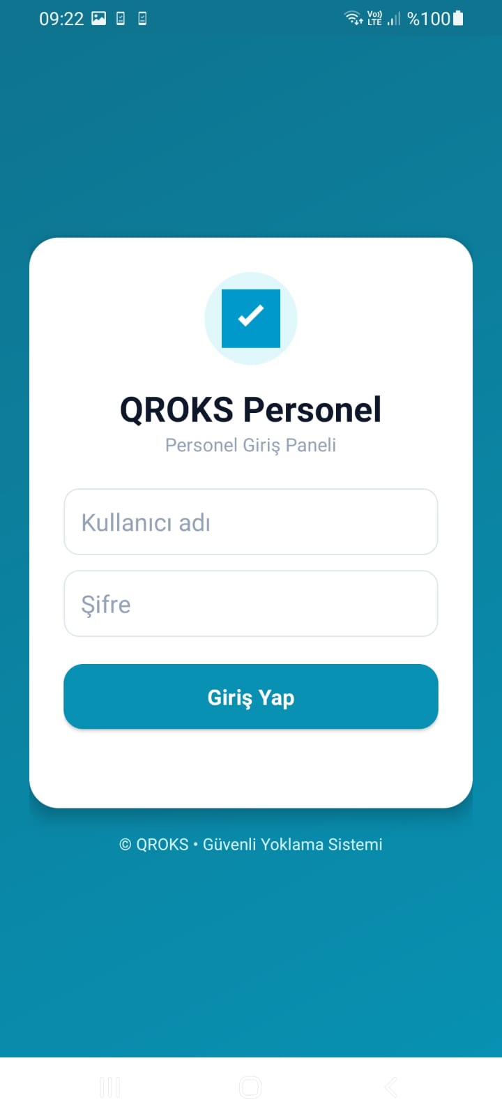 QROKS Personel mobil uygulamasının kullanıcı adı ve şifre alanları boş giriş ekranı